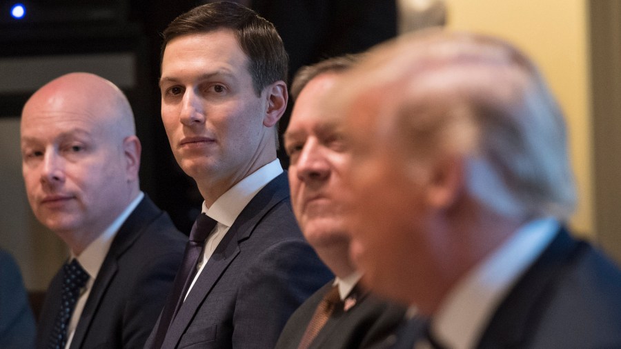 White House advisor Jared Kushner, listens as President Donald Trump, his father-in-law, holds a working lunch with Crown Prince Mohammed bin Salman of the Kingdom of Saudi Arabia in the Oval Office at the White House on March 20, 2018 in Washington, D.C. (Credit: Kevin Dietsch-Pool/Getty Images)