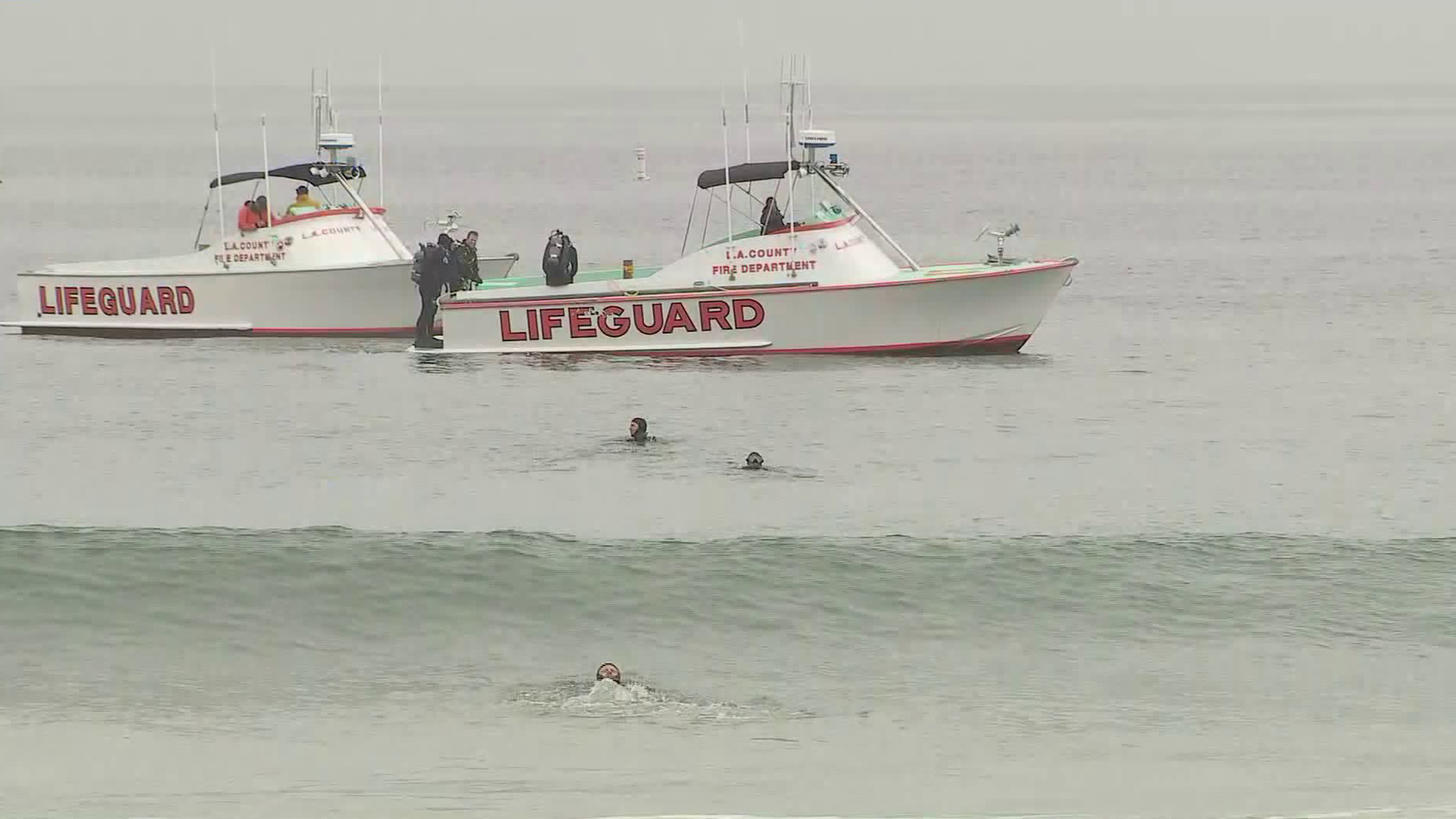 Lifeguards search for a missing person near the Santa Monica Pier on March 10, 2018. (Credit: KTLA)