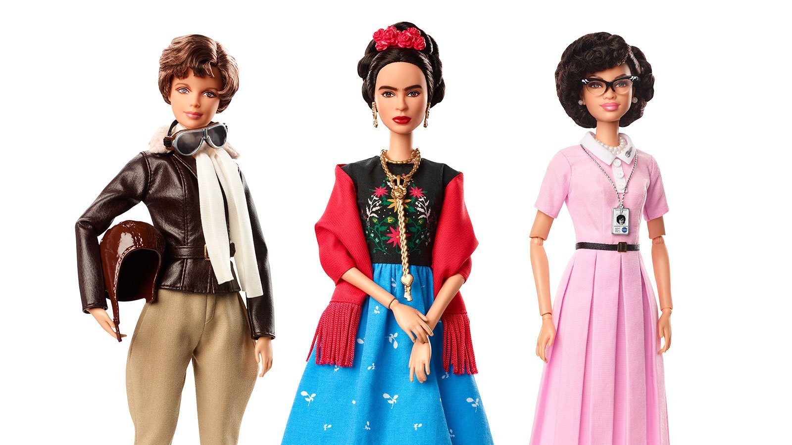 Among the new Barbie dolls are likenesses of Amelia Earhart, Frida Kahlo and Katherine Johnson. (Credit: Mattel)