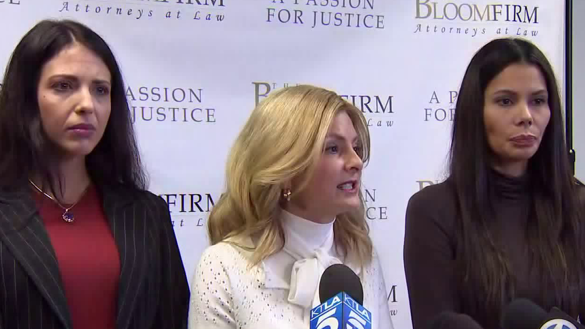 From left to right, Fabiola Dadis, Lisa Bloom and Regina Simons appear at a news conference in Woodland Hills on March 19, 2018. Dadis and Simons have accused actor Steven Seagal of sexual assault, with Bloom representing them as their attorney. (Credit: KTLA)