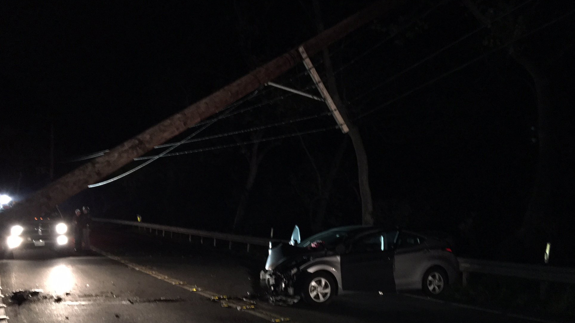 A car knocked down a power pole during the early morning hours March 19, 2018, along Topanga Canyon Boulevard, and Caltrans officials tweeted this photo of the scene that same day.