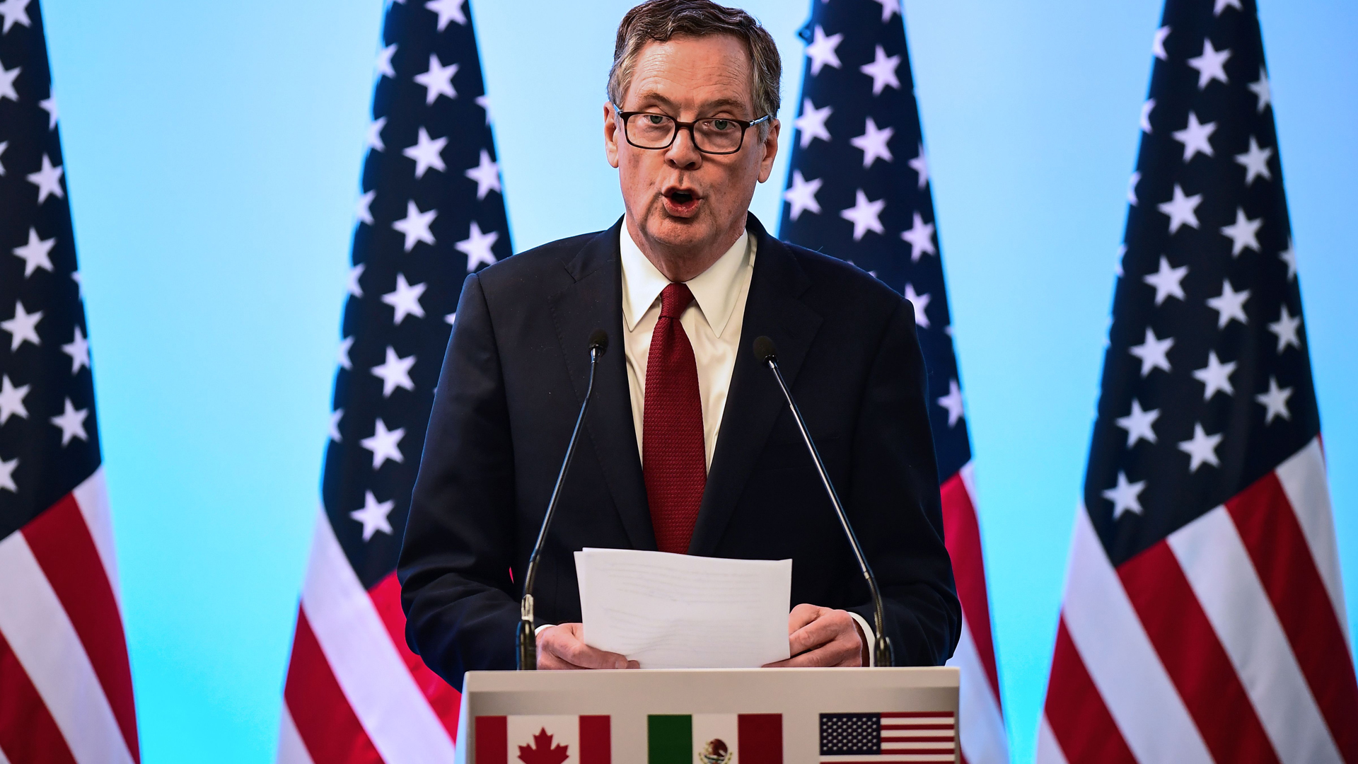 U.S. Trade Representative Robert Lighthizer delivers a speech before the media during the seventh round of NAFTA (North American Free Trade Agreement) talks in Mexico City, on March 5, 2018. (Credit: RONALDO SCHEMIDT/AFP/Getty Images)