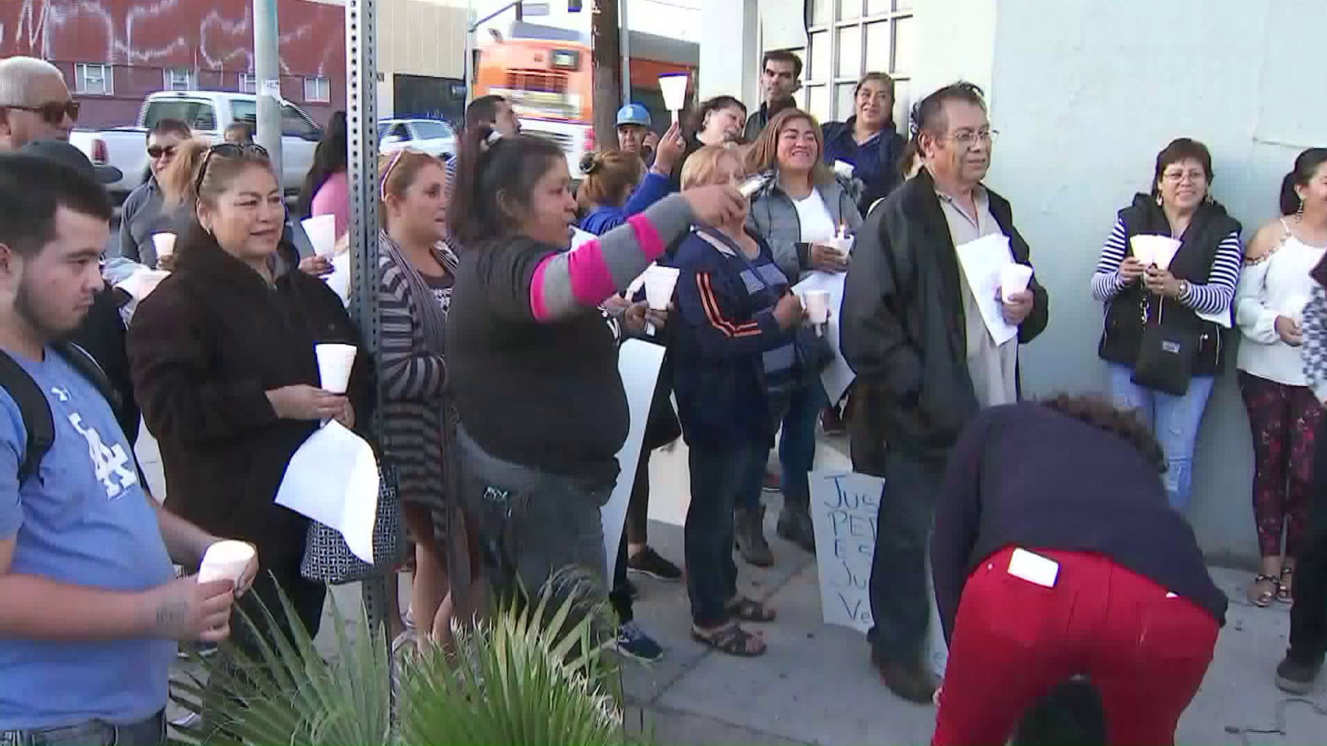 Street vendors rally in South Los Angeles following a brutal attack on a man who was selling peanuts and other goods in the area, March 28, 2018. (Credit: KTLA)