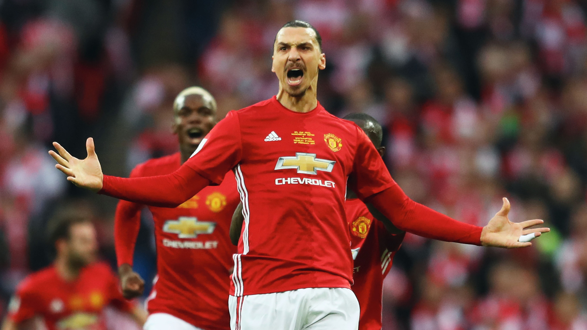 Zlatan Ibrahimovic of Manchester United celebrates as he scores their first goal during the EFL Cup Final match between Manchester United and Southampton at Wembley Stadium on February 26, 2017 in London. (Credit: Michael Steele/Getty Images)