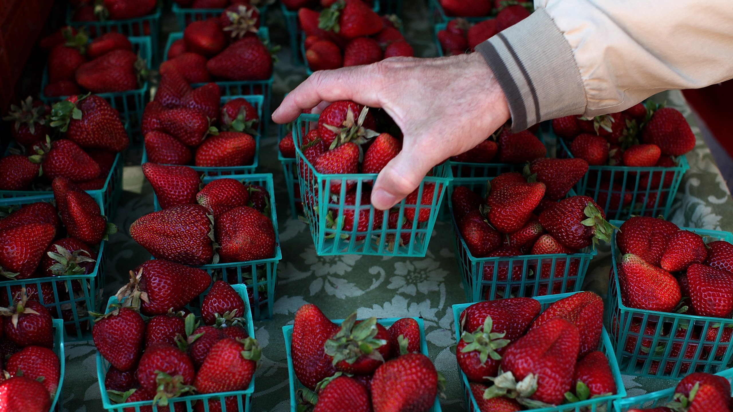 A customer chooses a basket of strawberries at a farmers market on June 13, 2012, in San Francisco. (Credit: Justin Sullivan/Getty Images)