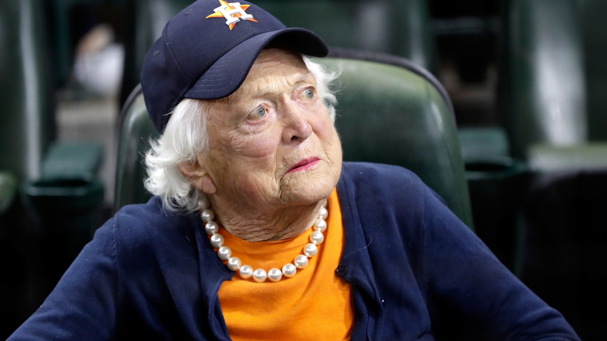 Former first lady Barbara Bush looks on before game five of the 2017 World Series between the Houston Astros and the Los Angeles Dodgers at Minute Maid Park on October 29, 2017 in Houston, Texas. (Credit: David J. Phillip - Pool/Getty Images)