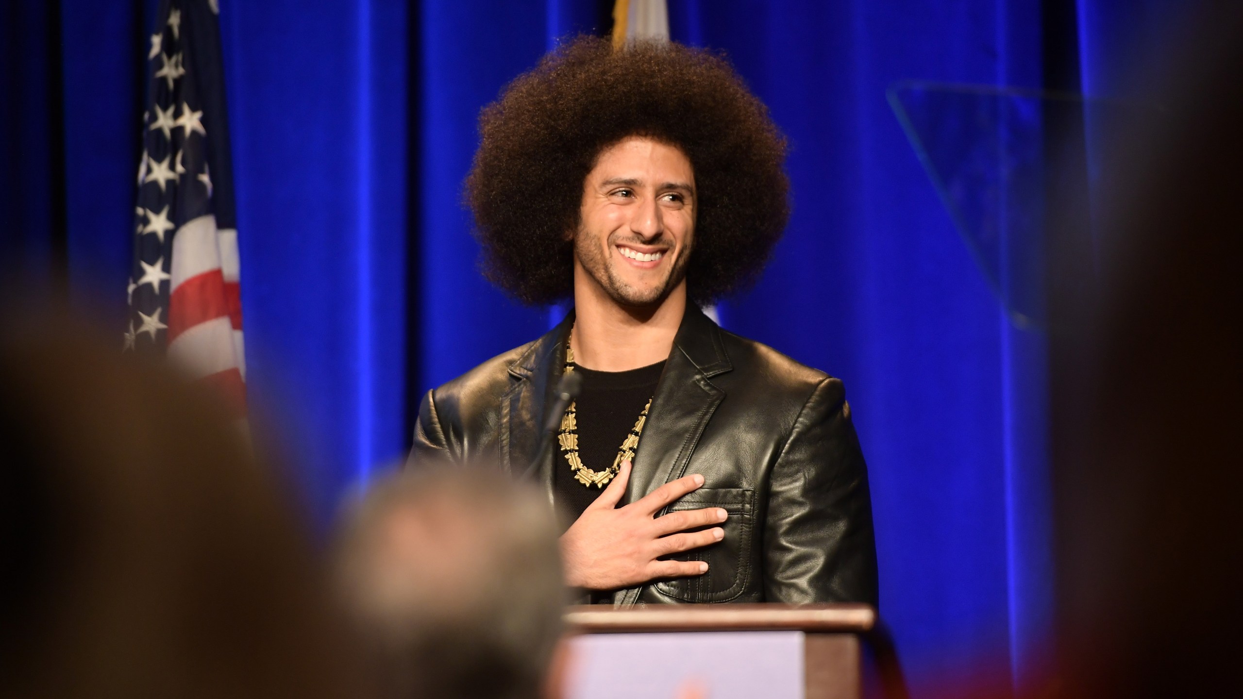 Honoree Colin Kaepernick speaks onstage at ACLU SoCal's annual Bill of Rights dinner at the Beverly Wilshire Four Seasons Hotel on Dec. 3, 2017. (Credit: Matt Winkelmeyer / Getty Images)