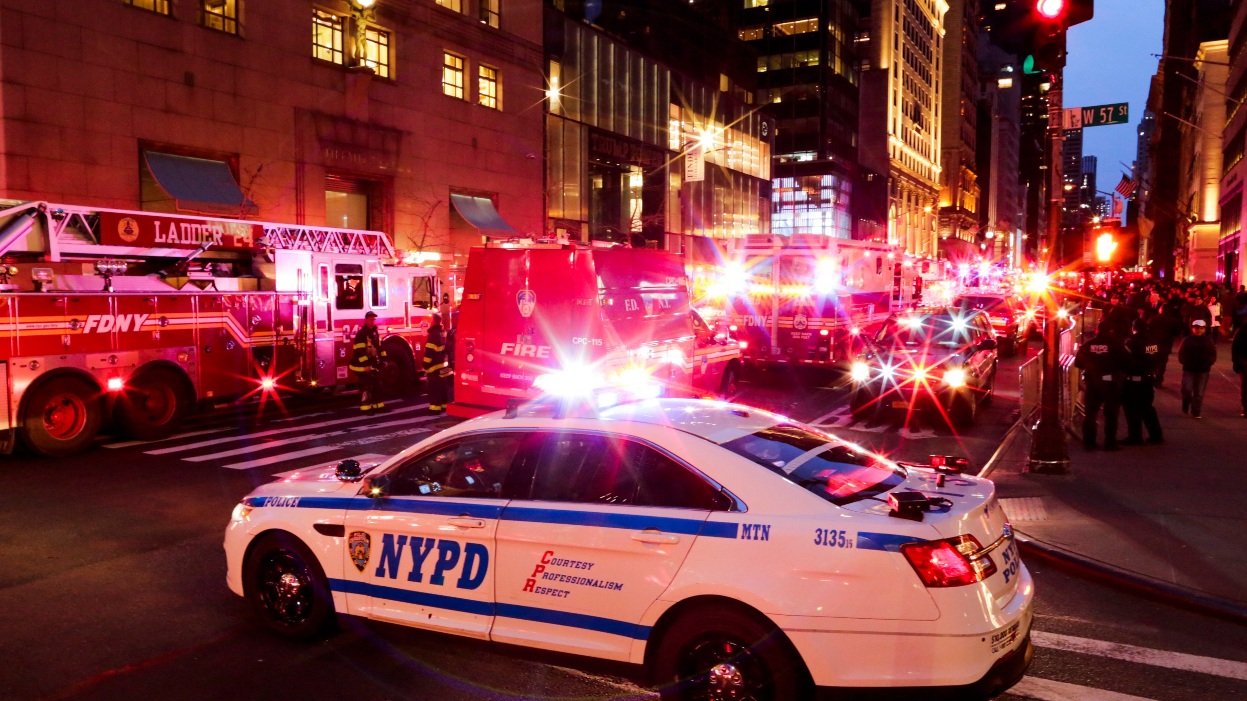 NYPD officers and first responders assess the scene of a fire at Trump Tower on April 7, 2018 in New York City. (Credit: Eduardo Munoz Alvarez/Getty Images)