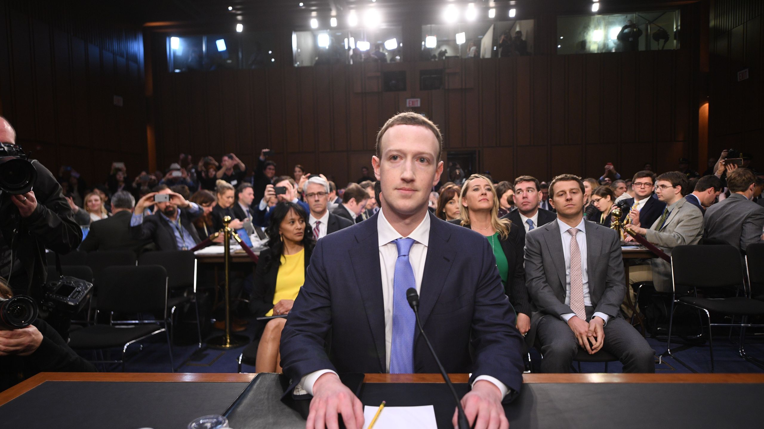 Facebook CEO Mark Zuckerberg arrives to testify before a joint hearing of the US Senate Commerce, Science and Transportation Committee and Senate Judiciary Committee on Capitol Hill, April 10, 2018. (Credit: Jim Watson/AFP/Getty Images)