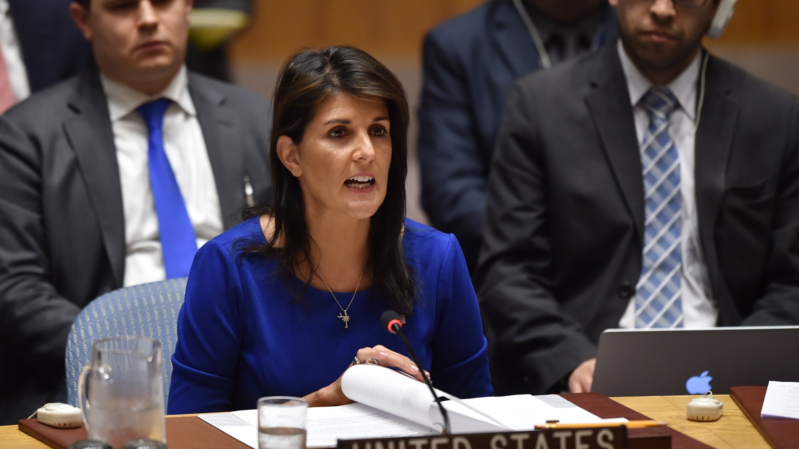 Nikki Haley, U.S. ambassador to the U.N., speaks during a U.N. Security Council meeting at the United Nations Headquarters in New York on April 14, 2018. (Credit: HECTOR RETAMAL/AFP/Getty Images)