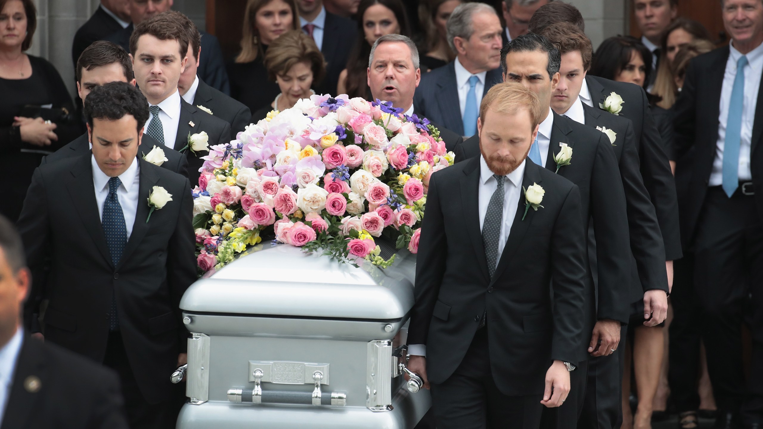 The coffin of former first lady Barbara Bush is carried from St. Martin's Episcopal Church following her funeral service on April 21, 2018 in Houston, Texas. (Credit: Scott Olson/Getty Images)