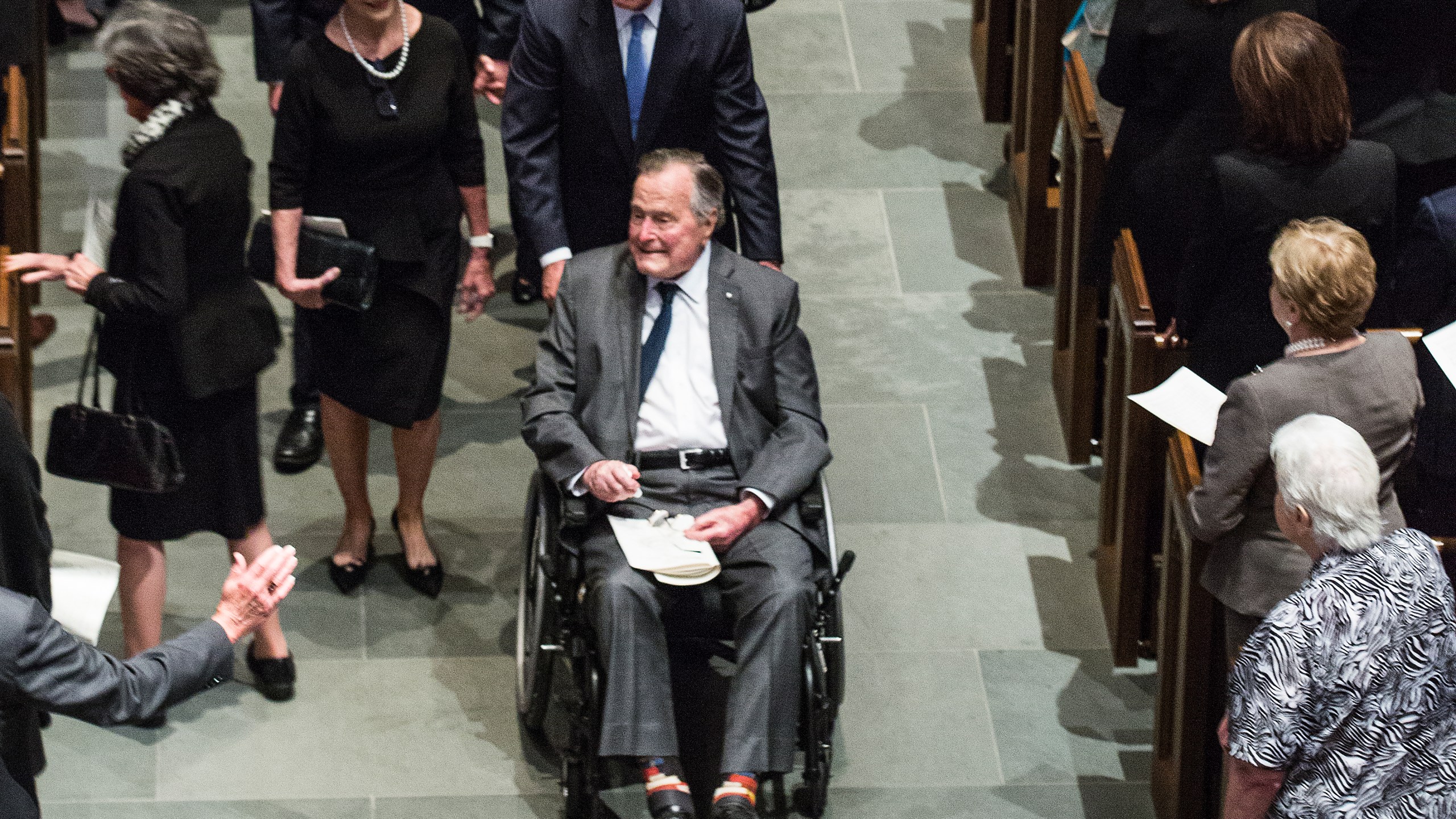 Former president George H.W. Bush, former president George W. Bush, former first lady Laura Bush and family leave St. Martin's Episcopal Church following the funeral service for former first lady Barbara Bush on April 21, 2018, in Houston, Texas. (Credit: Brett Coomer / Getty Images)