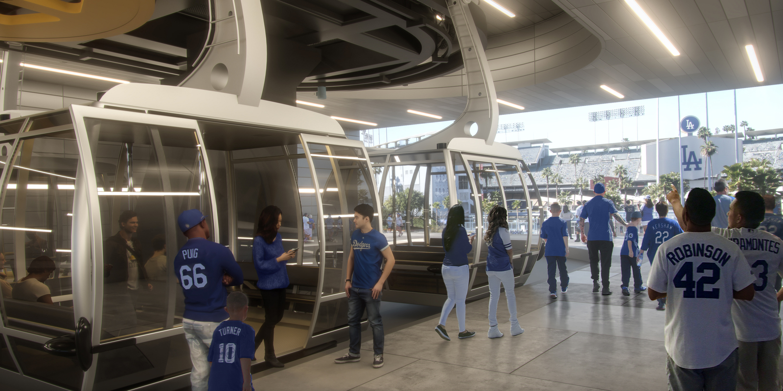 A rendering of the Dodger Stadium gondola landing is seen in an image provided by Aerial Rapid Transit Technologies LLC.