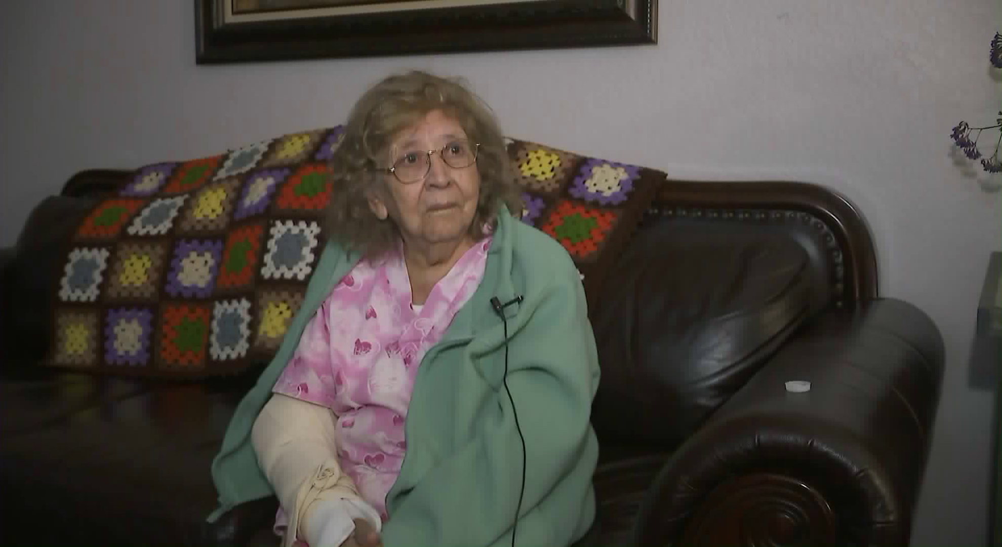 Ester Gonzalez wears a cast after she says she was attacked by the same man who set off an explosive inside an Ontario Sam's Club. She spoke to KTLA on April 6, 2018. (Credit: KTLA)