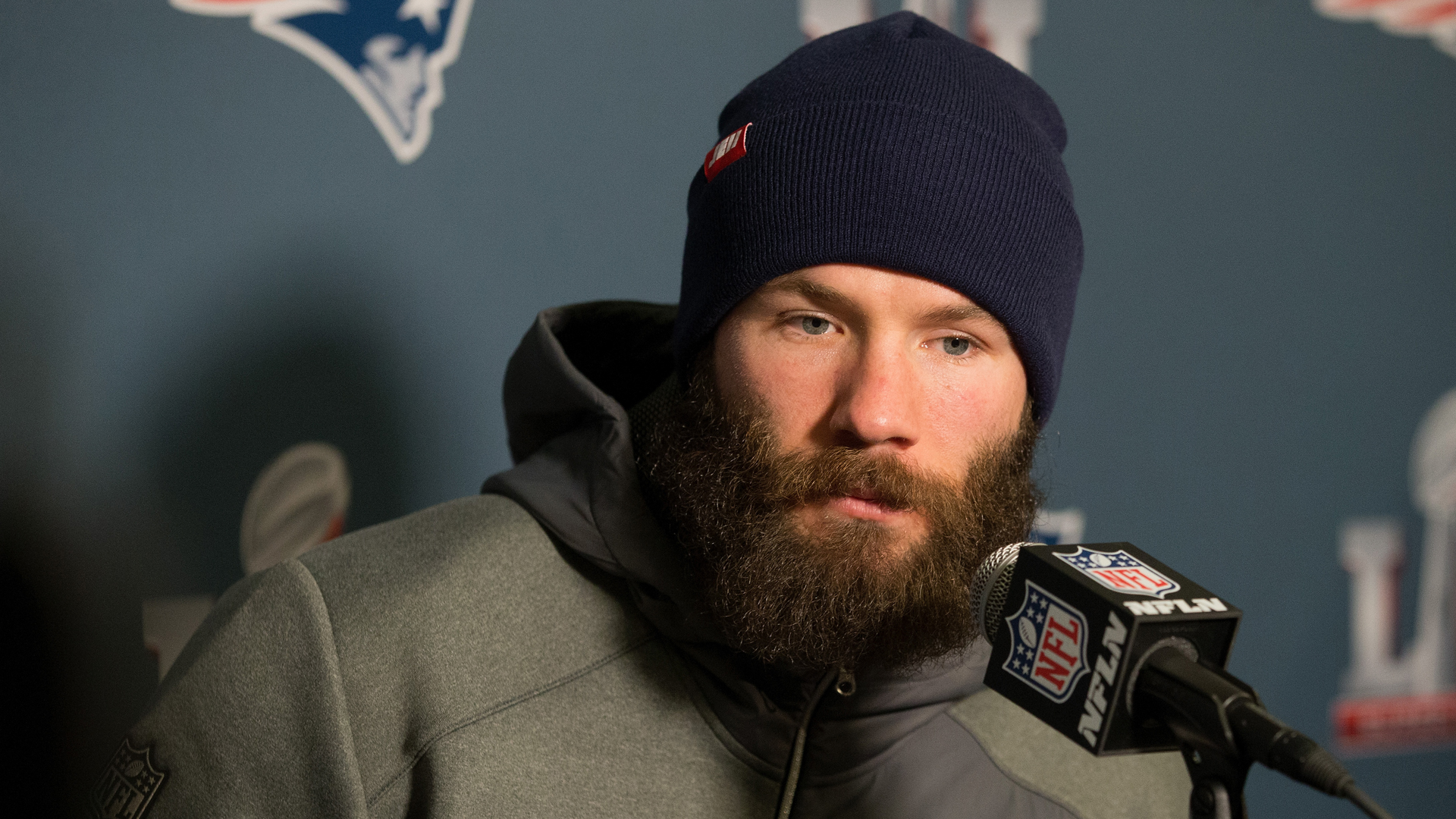 Julian Edelman of the New England Patriots answers questions during Super Bowl LI media availability at the J.W. Marriott on January 31, 2017 in Houston, Texas. (Credit: Bob Levey/Getty Images)