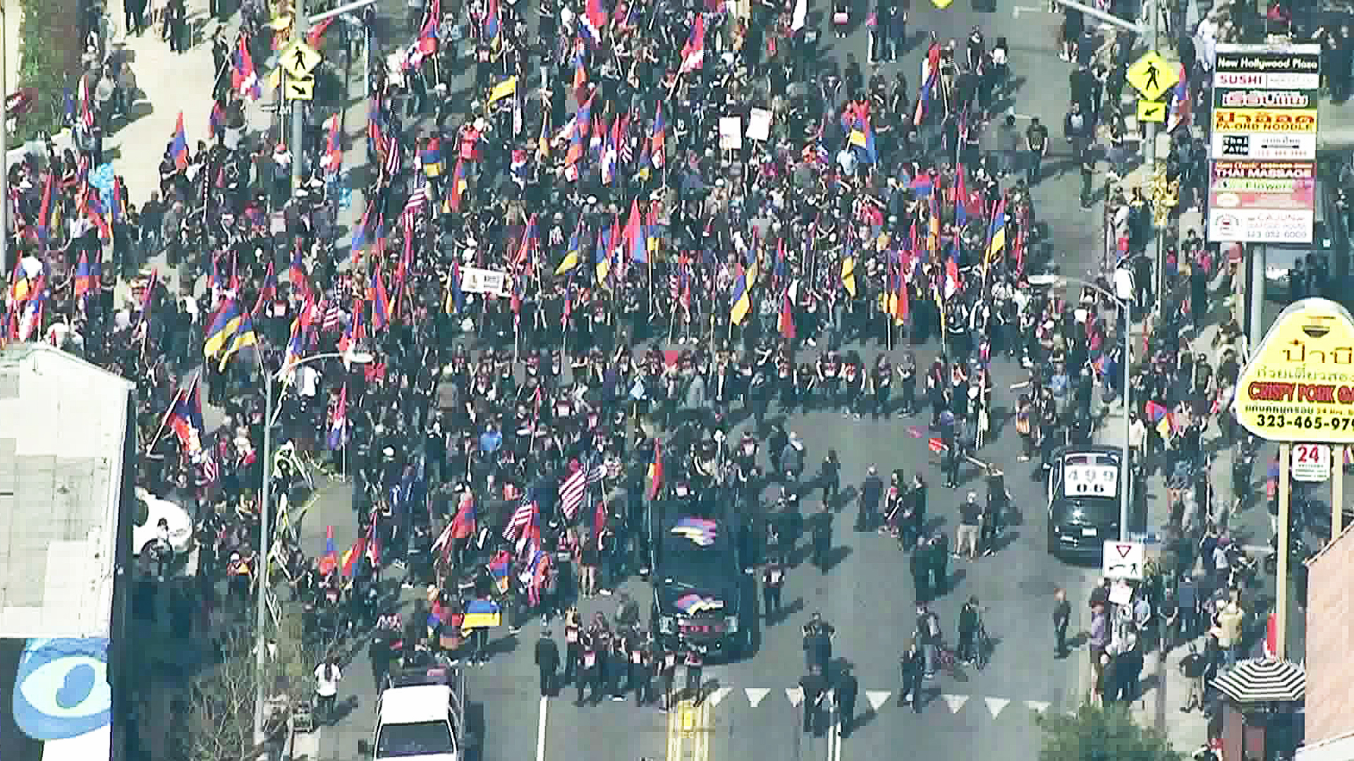 A march on the anniversary of the Armenian genocide brought thousands of people to Hollywood on April 24, 2018. (Credit: KTLA)