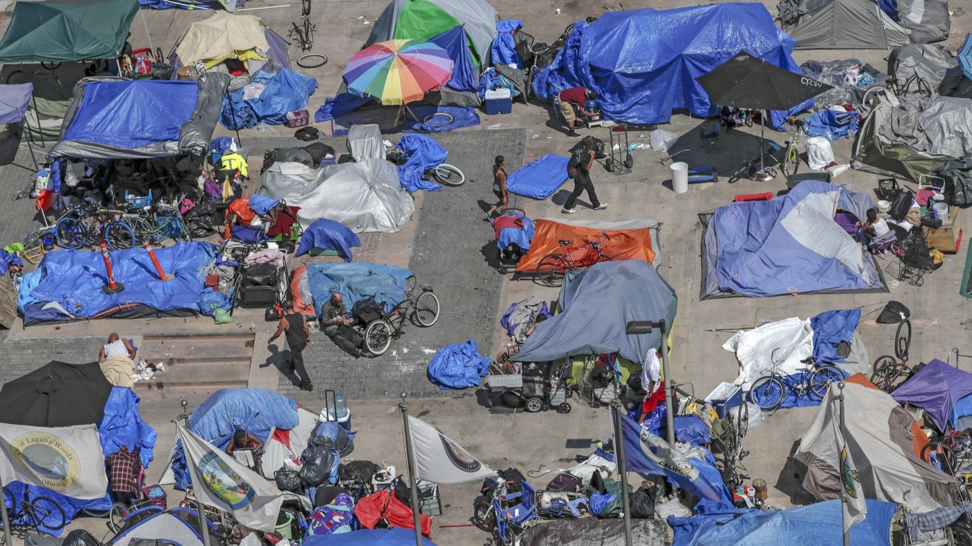 This undated photo shows transient camps at the Plaza of the Flags area next to the Orange County Superior Courthouse. (Credit: Irfan Khan / Los Angeles Times)