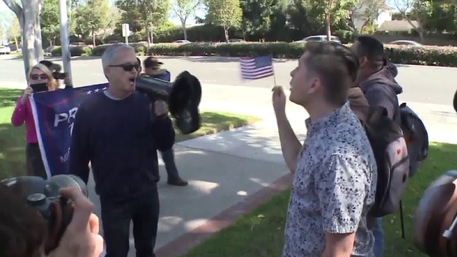 Protestors rally outside a Los Alamitos City Council meeting on April 16, 2018. (Credit: KTLA)