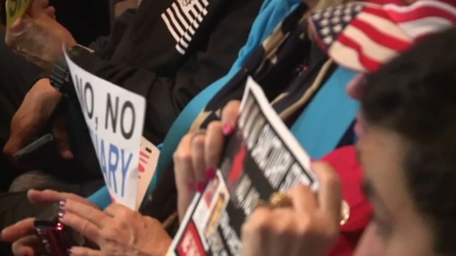 Protesters oppose sanctuary state at an Orange County Board of Supervisors meeting in this undated photo. (Credit: KSWB)