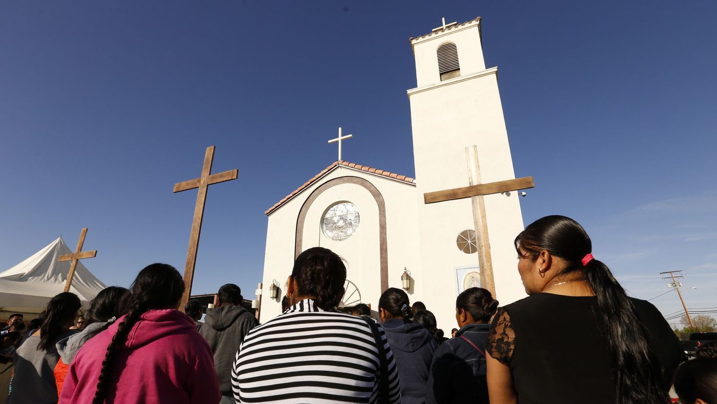 Family and friends attend funeral services on April 2 at Our Lady of Guadalupe Church in Delano for migrant farmworkers, whose vehicle crashed as they fled immigration agents. (Credit: Al Seib / Los Angeles Times)