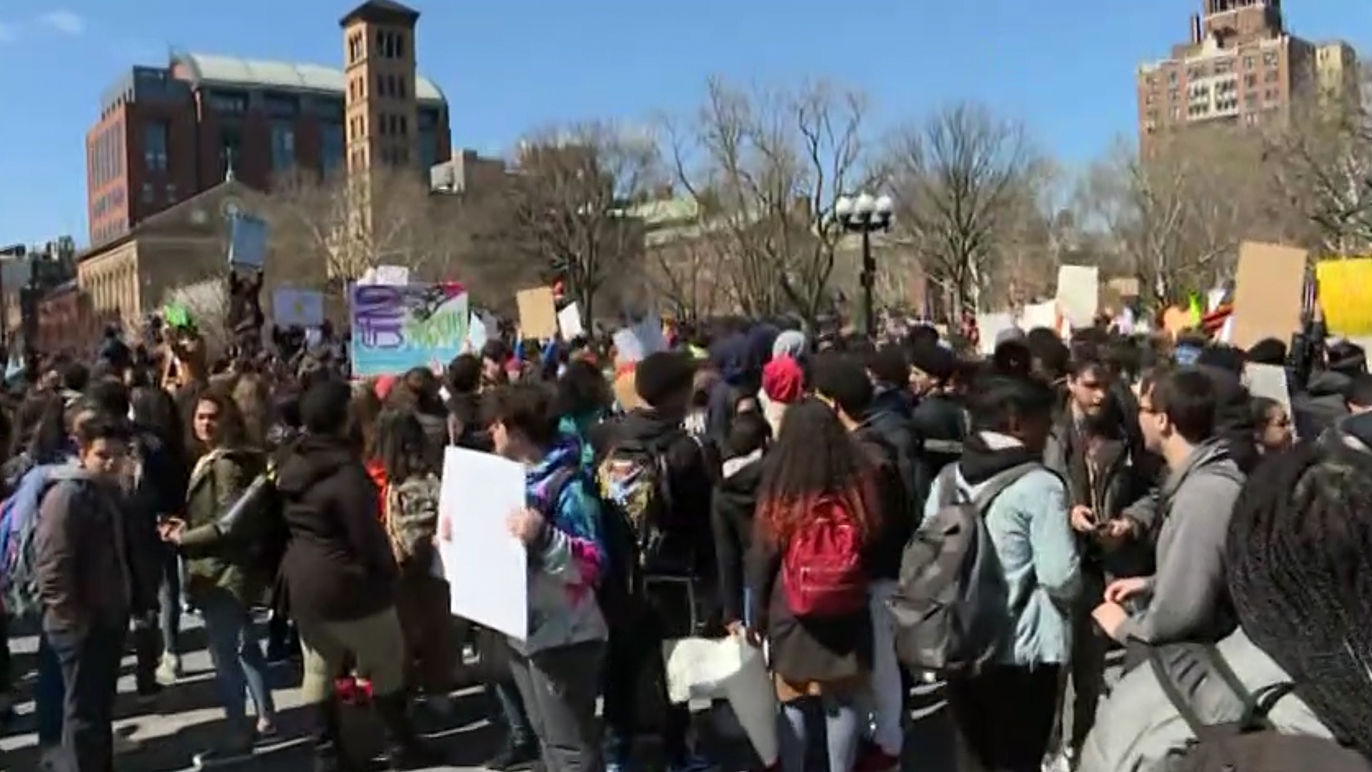 People participate in Friday's National School Walkout in Washington Square Park in New York, New York on April 20, 2018. (Credit: CNN)