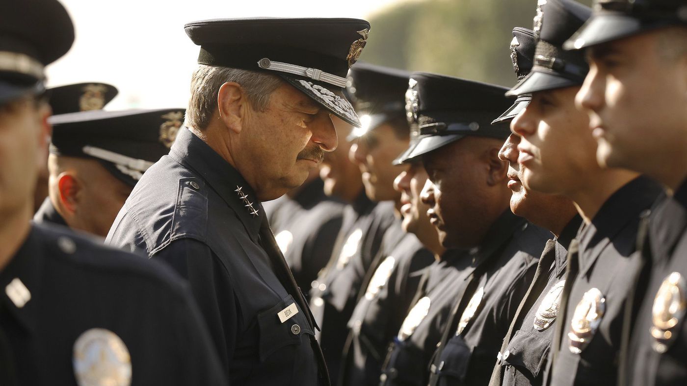 LAPD Chief Charlie Beck conducts his last formal inspection on May 7, 2018. (Credit: Al Seib / Los Angeles Times)