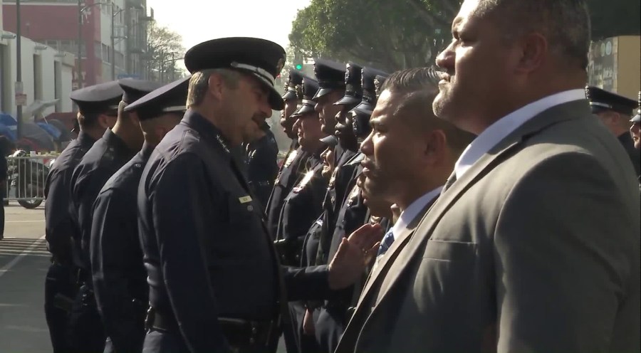 LAPD Chief Charlie Beck holds his final inspection on May 7, 2018. (Credit: KTLA)