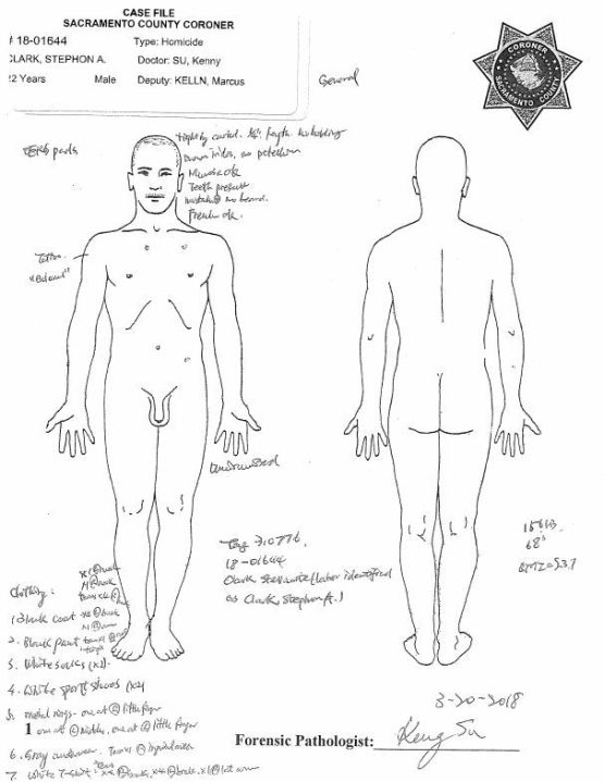 Details on Stephon Clark's appearance and clothes are shown in images from the Sacramento County Coroner's report released May 1, 2018.