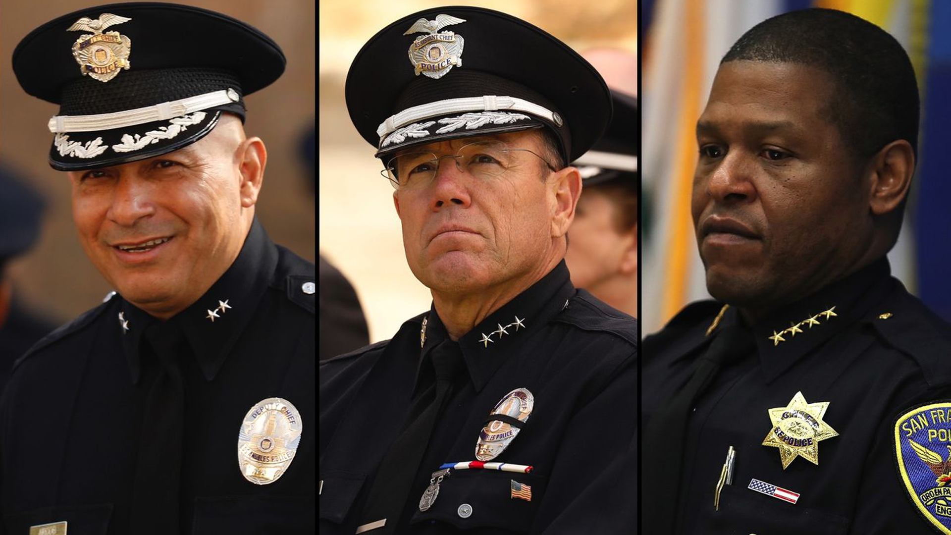 The three finalists for Los Angeles police chief are Robert Arcos, left, Michel Moore and Bill Scott are shown in undated photos. (Credit: Los Angeles Times)