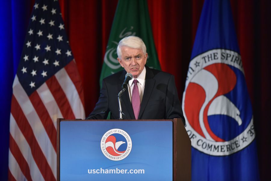 Tom Donohue introduces Rex Tillerson at the U.S. Chamber of Commerce's US-Saudi CEO Summit in Washington, D.C on April 19, 2017. (Credit: MANDEL NGAN/AFP/Getty Images)