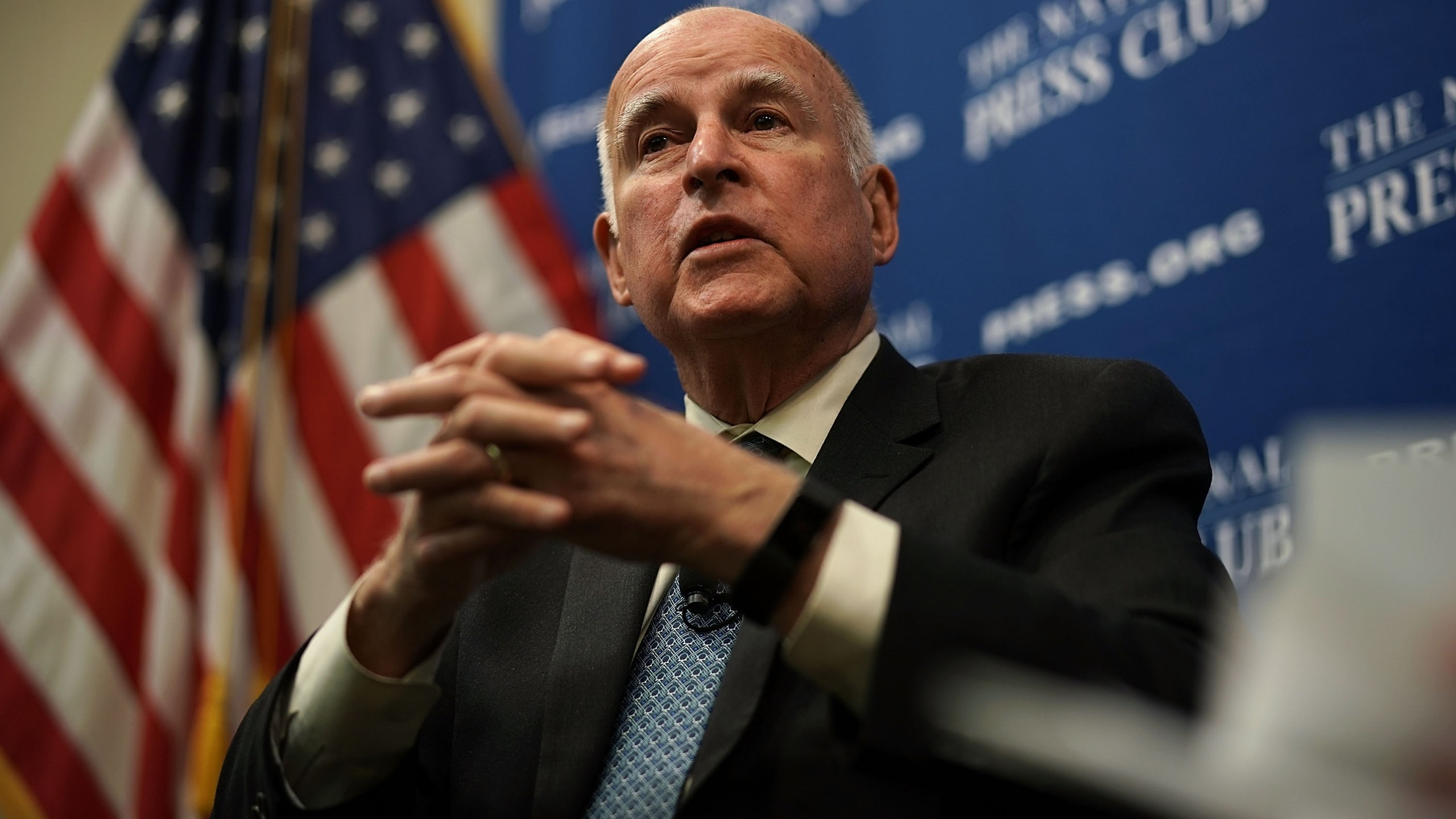 Gov. Jerry Brown speaks during an event at the National Press Club April 17, 2018 in Washington, DC. (Credit: Alex Wong/Getty Images)