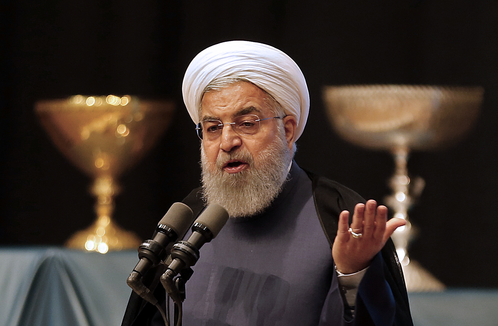 Iran's president Hassan Rouhani gives a speech in the city of Tabriz in the northwestern East-Azerbaijan province on April 25, 2018. (Credit: ATTA KENARE/AFP/Getty Images)