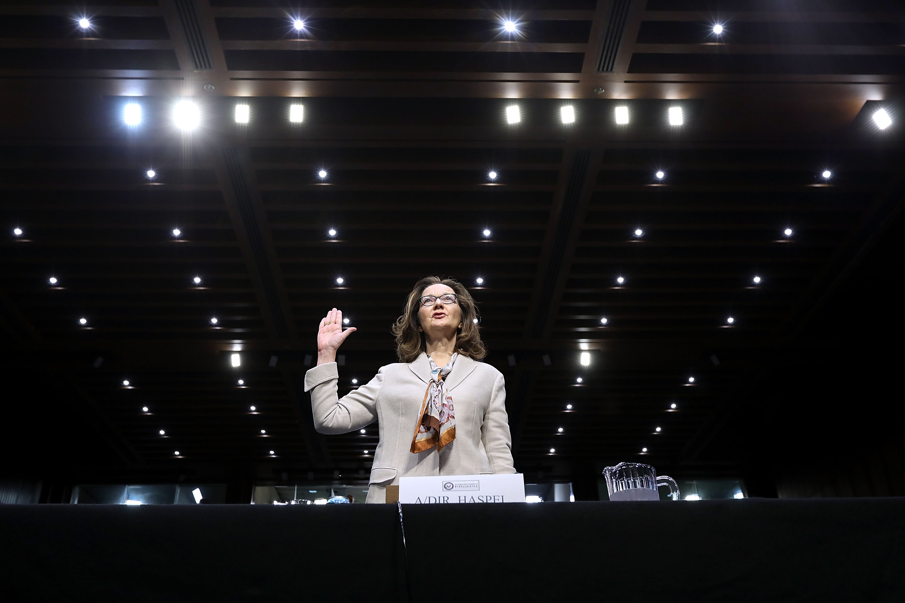 CIA Deputy Director Gina Haspel is sworn in before the Senate Intelligence Committee during her confirmation hearing to become the next CIA director in the Hart Senate Office Building May 9, 2018 in Washington, D.C. (Credit: Chip Somodevilla/Getty Images)