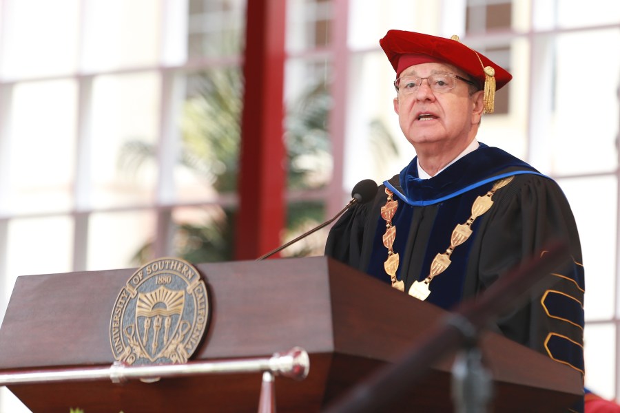 School President of USC CL Max Nikias attends The University Of Southern California's Commencement Ceremony at Alumni Park at USC on May 11, 2018 in Los Angeles. (Credit: Leon Bennett/Getty Images)