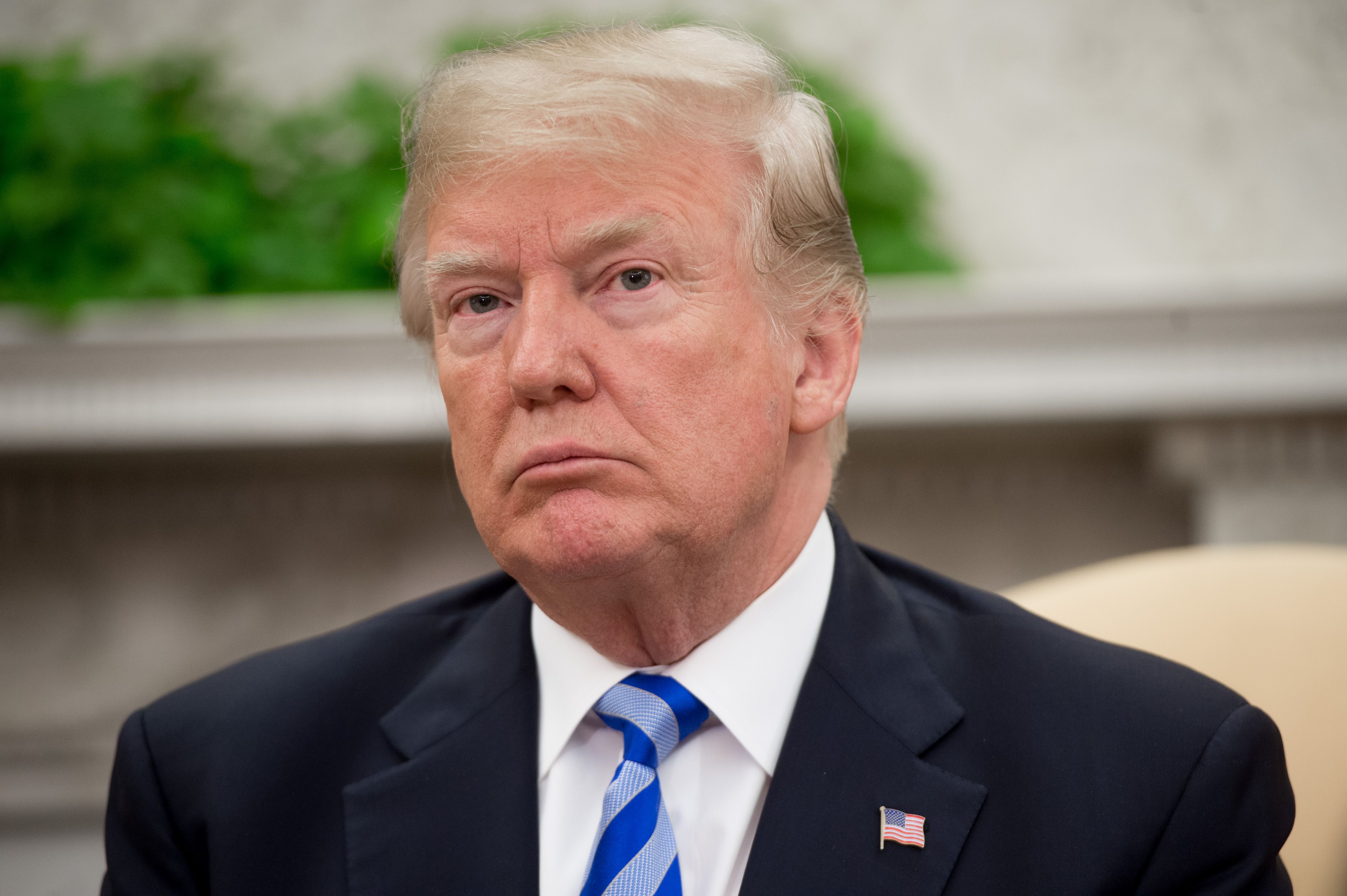 US President Donald Trump speaks during a meeting with President Shavkat Mirziyoyev of Uzbekistan in the Oval Office of the White House in Washington, DC, May 16, 2018. (Credit: SAUL LOEB/AFP/Getty Images)