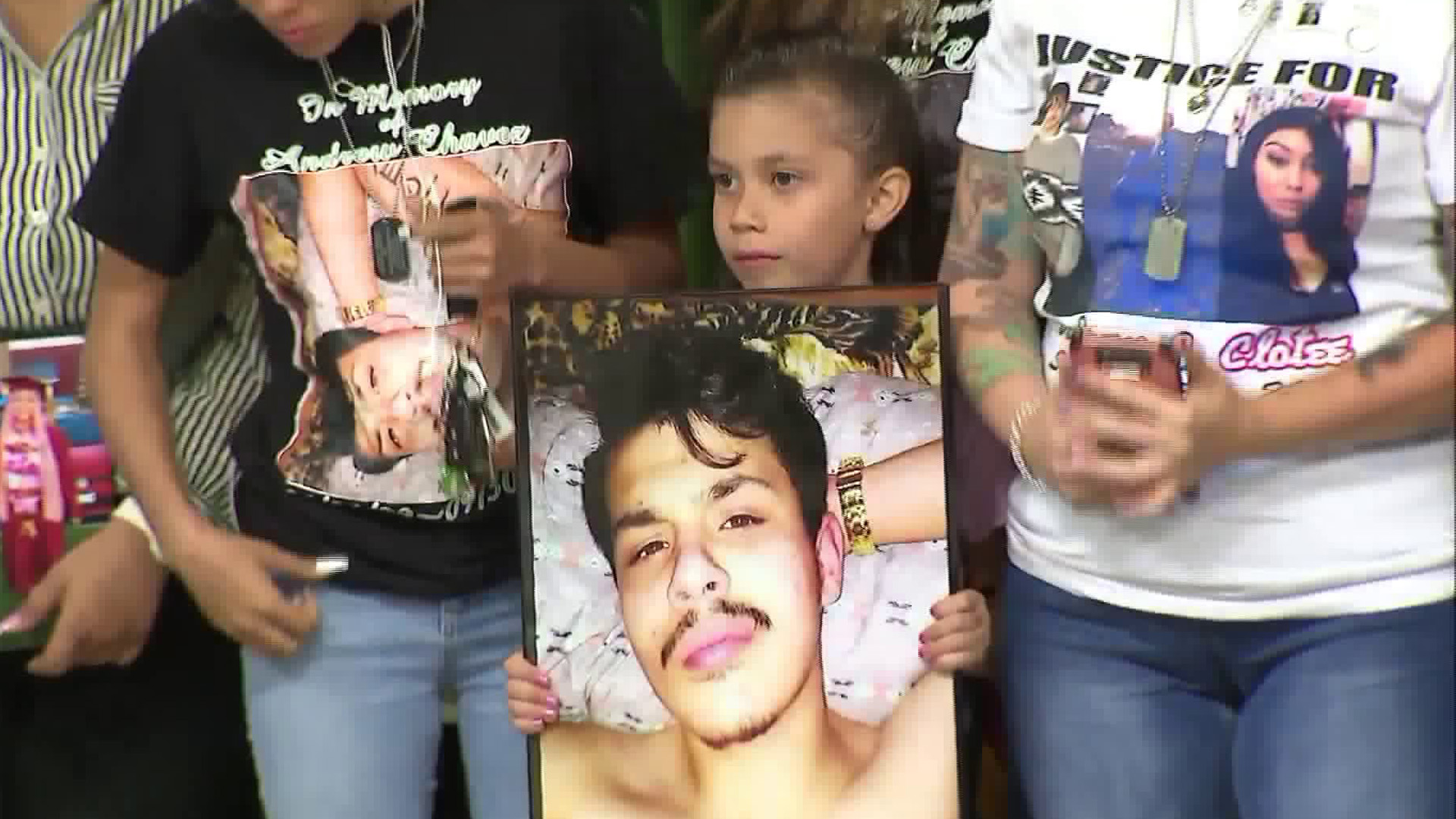 The family of Andrew Chavez and Clotee Reyes attend a news conference on May 16, 2018. (Credit: KTLA)