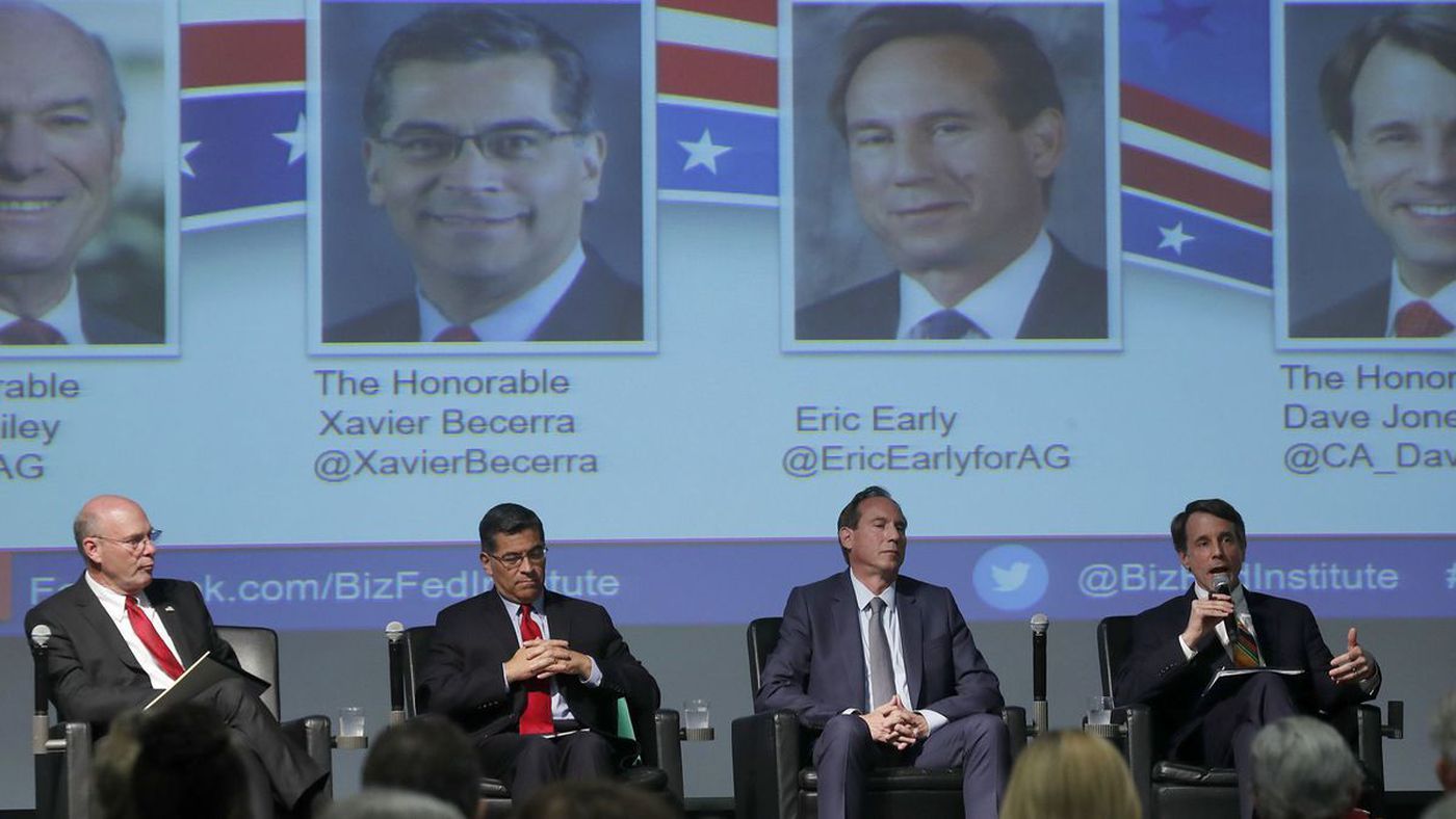 Candidates, from left, Steven Bailey, state Atty. Gen. Xavier Becerra, Eric Early and Insurance Commissioner Dave Jones at a debate on May 15, 2018. (Credit: Luis Sinco / Los Angeles Times)