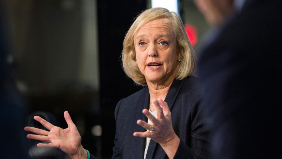 Meg Whitman, then CEO of Hewlett Packard, gives a television interview on the floor of the New York Stock Exchange on Nov. 2, 2015. (Credit: Andrew Burton / Getty Images)