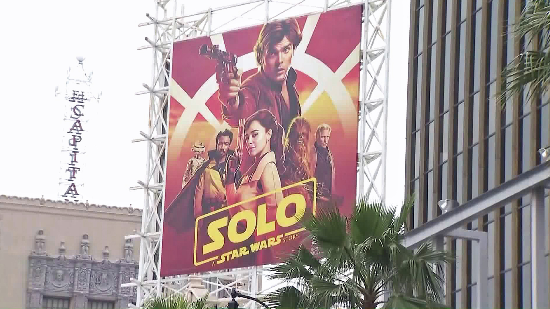 A billboard for Solo: A Star Wars Story is seen above Hollywood Boulevard on May 9, 2018. (Credit: KTLA)