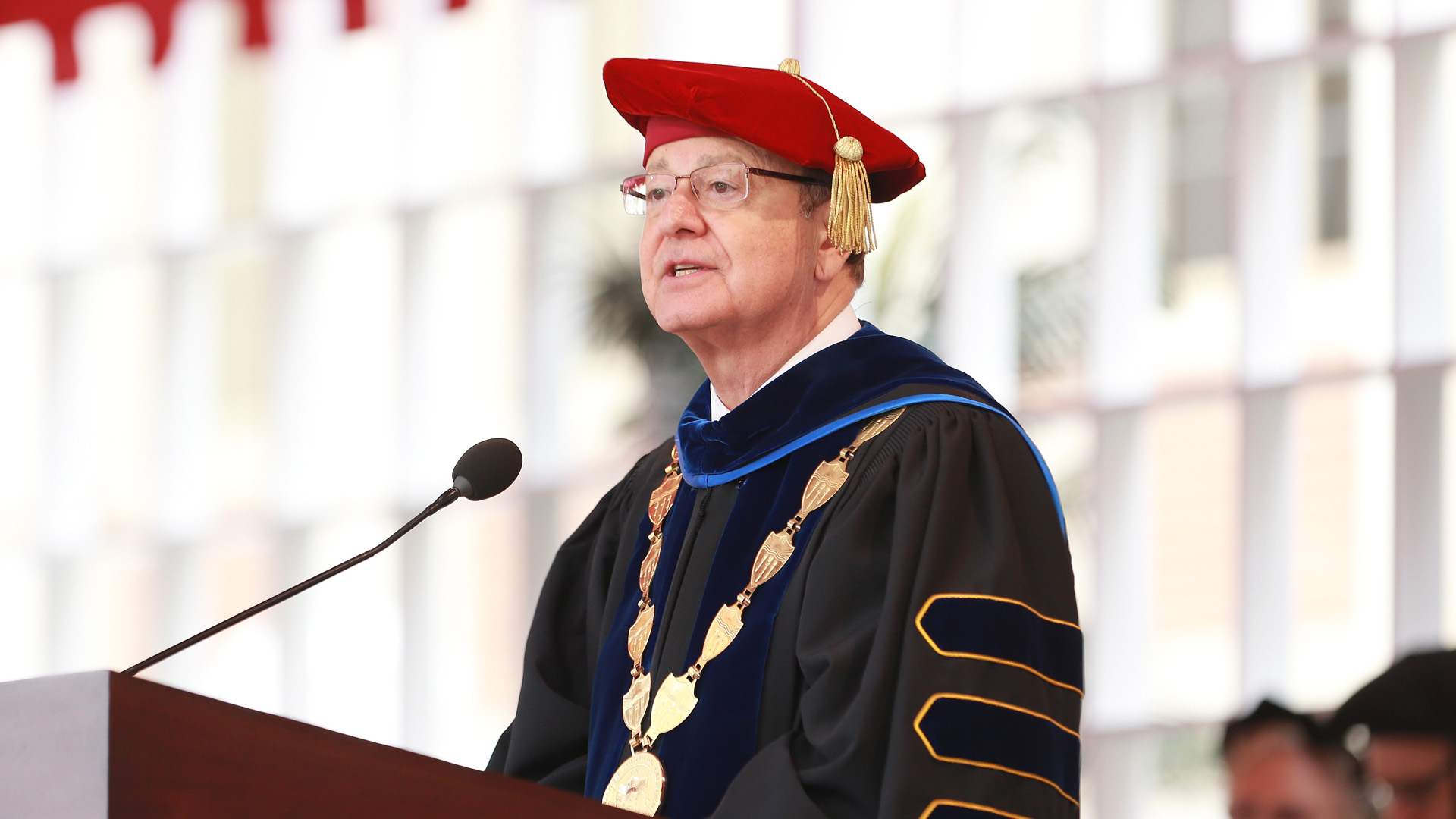 USC President C.L. Max Nikias attends the University of Southern California's commencement ceremony at Alumni Park on May 11, 2018. (Credit: Leon Bennett/Getty Images)