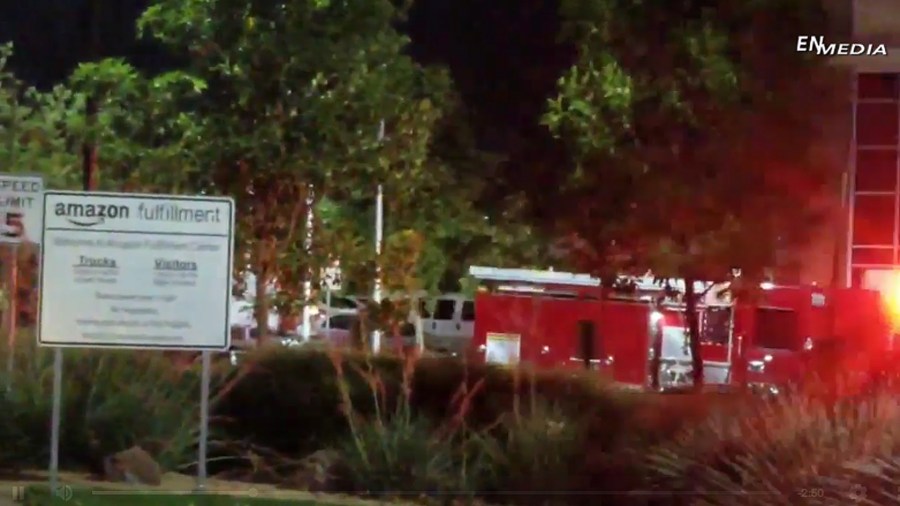 Firefighters respond to the Amazon fulfillment center in Redlands on June 5, 2018. (Credit: EN Media)