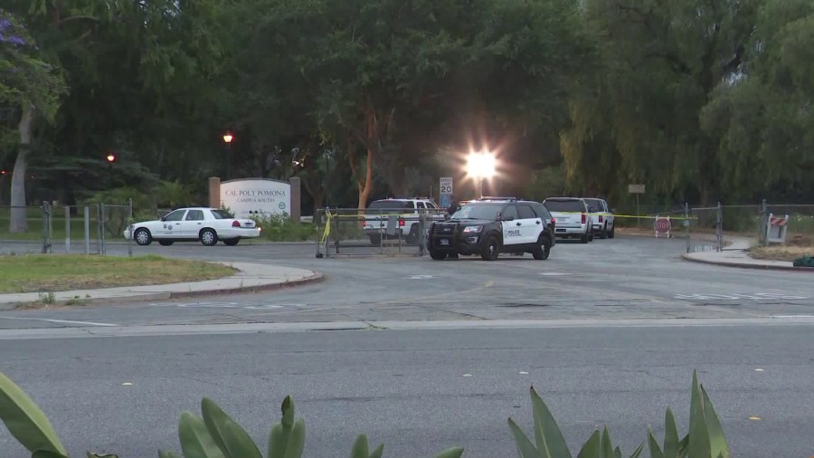 Law enforcement vehicles are seen on the campus of Cal Poly Pomona on June 30, 2018. (Credit: KTLA)