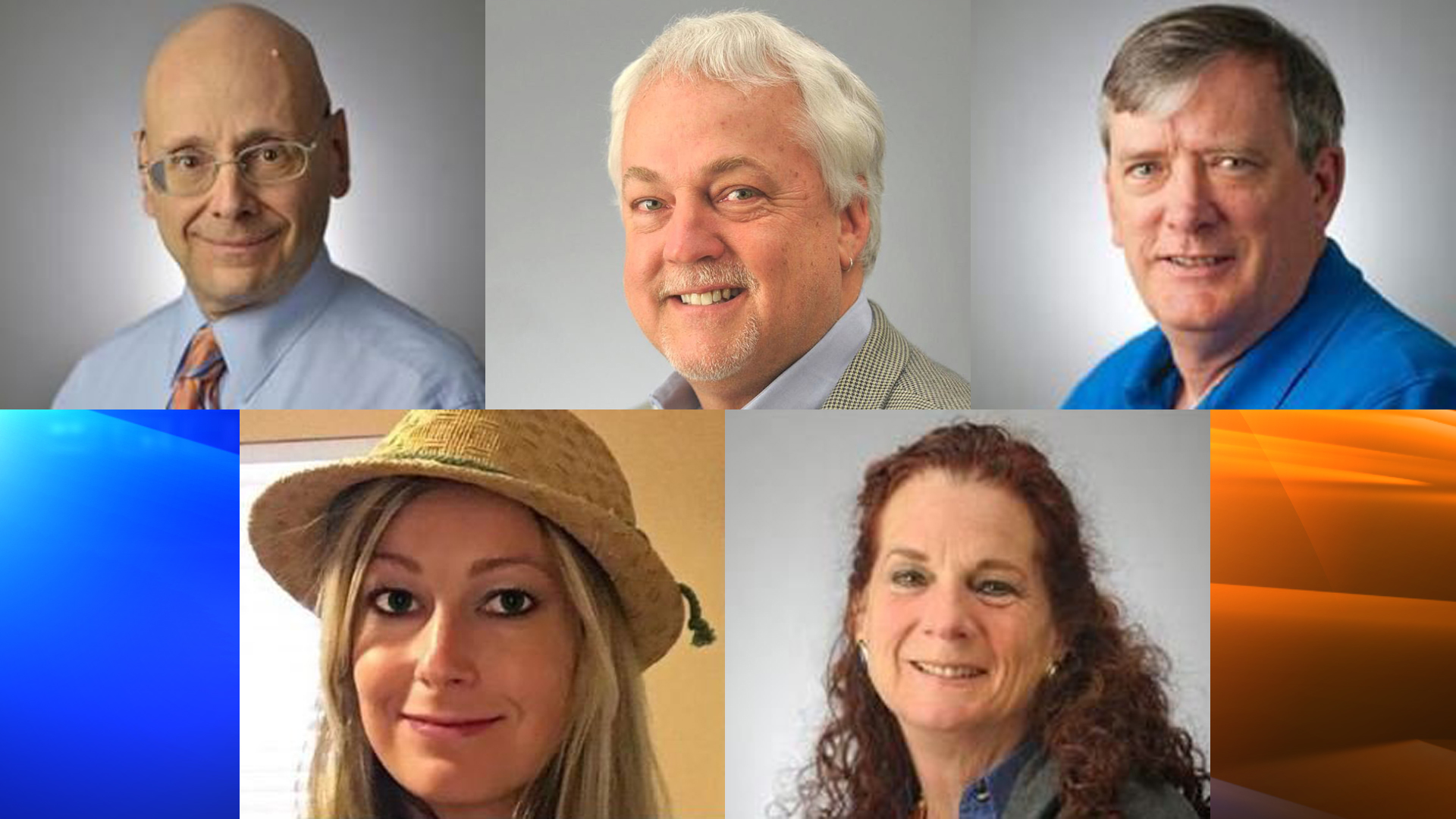 The five people killed in a targeted shooting at the Capital Gazette in Annapolis, Maryland, on June 28, 2018, are shown. Top row, left to right: Gerald Fischman, Rob Hiaasen, and John McNamara. Bottom row: left, Rebecca Smith; right, Wendi Winters.