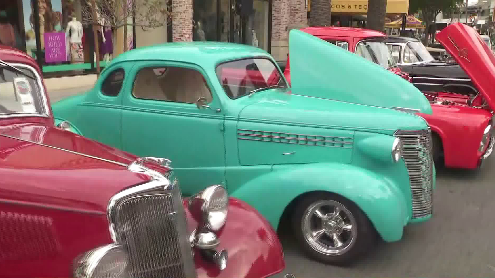 Vehicles line the streets in Brea for the Father’s Day Car Show on June 17, 2018. (Credit: KTLA)