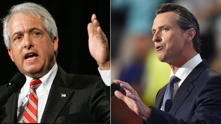 Left: John Cox is seen in an image posted to his Facebook page on Jan. 12, 2018. Right: California Lt. Gov. Gavin Newsom speaks at the Democratic National Convention in Philadelphia on July 27, 2016. (Credit: Nicholas Kamm / AFP / Getty Images)