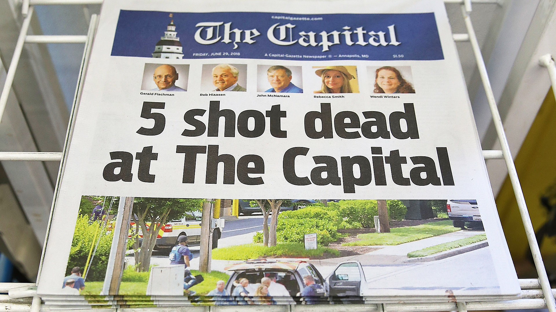 Today's edition of the the Capital Gazette for sale on a newspaper stand, on June 289, 2018 in Annapolis, Maryland. (Credit: Mark Wilson/Getty Images)