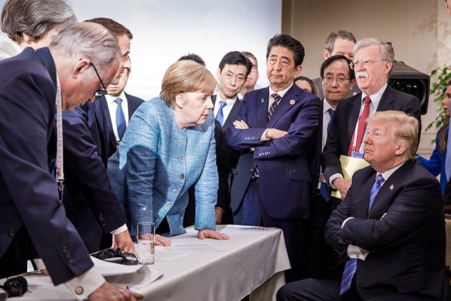 The German permanent representation to the European Union tweeted this image of Donald Trump surrounded by other leaders, including Angela Merkel, on June 9, 2018 at the G-7 summit in Canada.