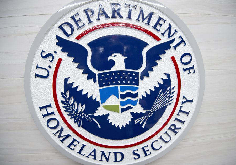 The Department of Homeland Security logo is seen at the new ICE Cyber Crimes Center expanded facilities in Fairfax, Virginia July 22, 2015. (Credit: Paul J. Richards/AFP/Getty Images)