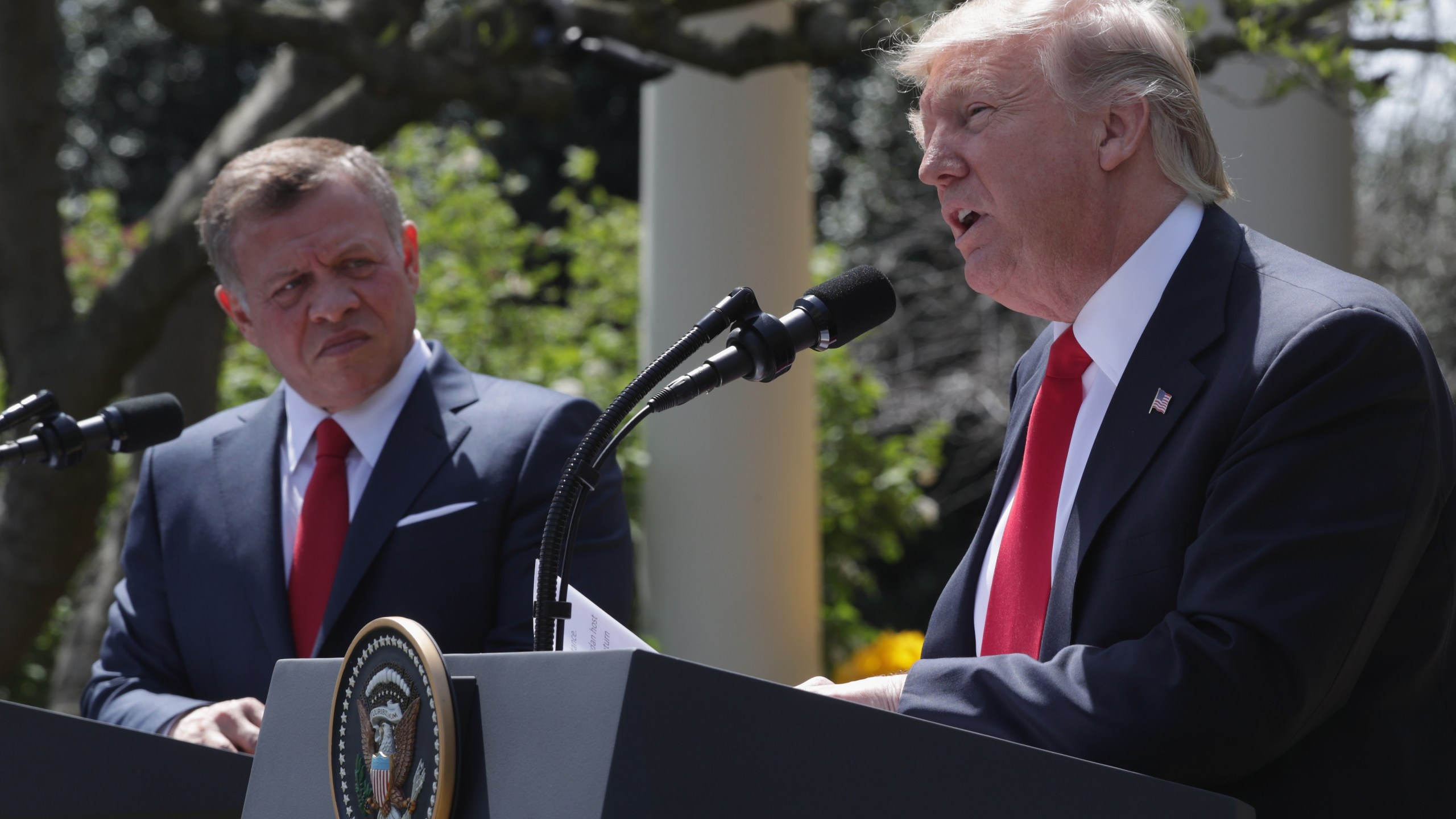 U.S. President Donald Trump and King Abdullah II of Jordan participate in a joint news conference at the Rose Garden of the White House April 5, 2017, in Washington, D.C. (Credit: Alex Wong/Getty Images)