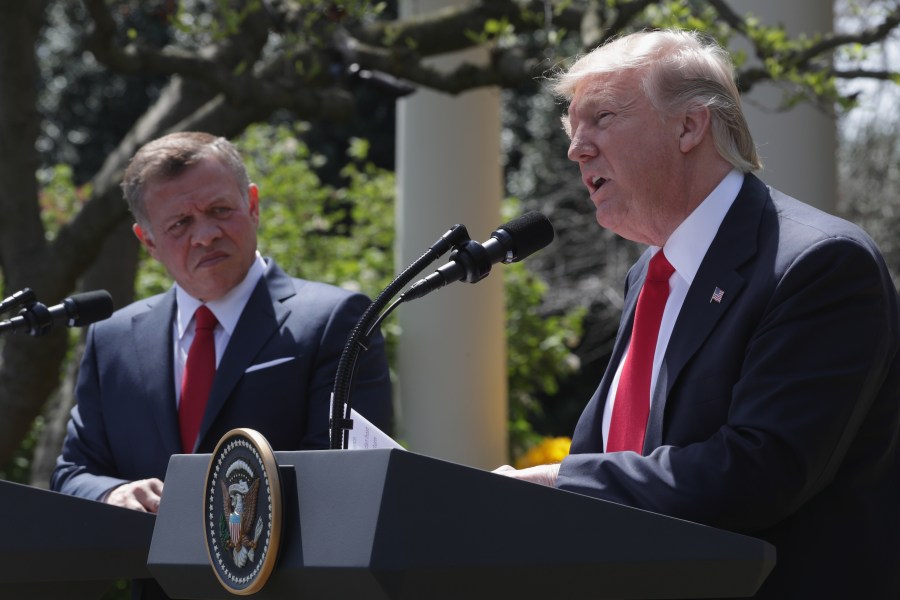 U.S. President Donald Trump and King Abdullah II of Jordan participate in a joint news conference at the Rose Garden of the White House April 5, 2017, in Washington, D.C. (Credit: Alex Wong/Getty Images)